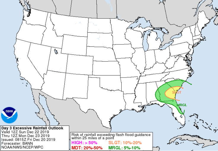 Southeast Georgia and southern South Carolina could see flash flooding if rainfall amounts are on the high end of current projections. (Source: Weather Prediction Center)